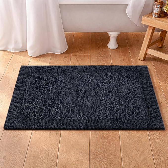 Bedding Craft Bathroom Bath Mat Rug – 100% Cotton, Reversible, Water Absorbent, Machine Washable, Soft Bathmat for Tub Side, 17x24 Black