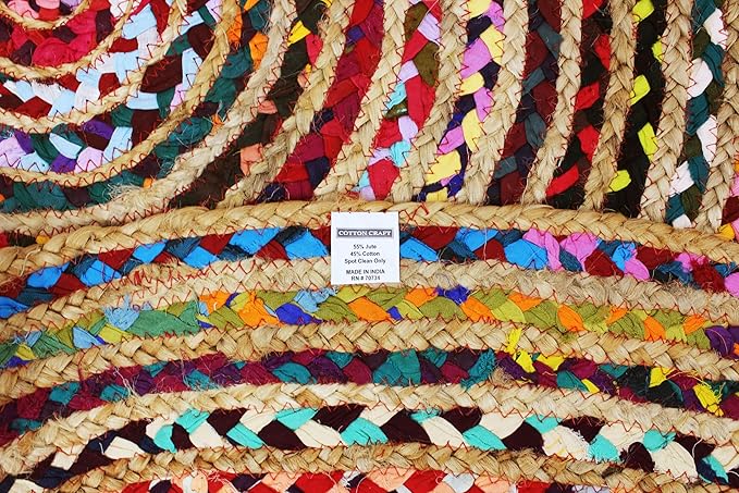 COTTON CRAFT Jute Cotton Chindi Braid Rag Rug - Boho Farmhouse Rustic - Handwoven Reversible Natural Jute and Recycled Cotton Throw Area Rug Carpet - Home Décor - 5 Feet Round - Multi Color