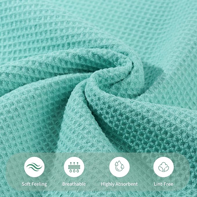 MICROFI Waffle Weave Bath Towel Set, Microfiber, 4 Pieces (Body/Hair/Hand/Face), Quick Dry, Lightweight, Super Absorbent, Lint Free, 380 GSM (Turquoise)