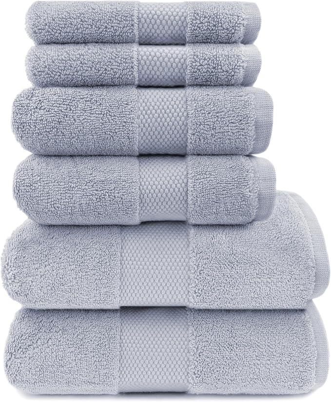 Maisonette Elegance 100% Organic Cotton Turkish Bathroom Towels Set, Soft & Absorbent, Ideal Quick Dry Large Luxury Bath Sheets, Hand Towels & Washcloths for Shower (6 Pack) - Light Gray (Shore)