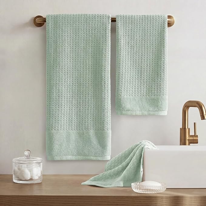 Madison Park Spa Waffle 100% Cotton Luxurious Towel Set, Premium Texture Waffle Weave, Highly Absorbent, Quick Dry, Hotel & Spa Quality Wash Clothes for Bathroom, Assorted Sizes, Seafoam 6 Piece