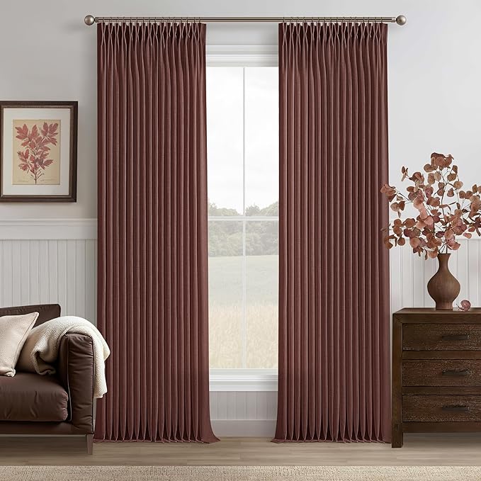 120 Inches Thick Linen Pleated Curtains 2 Panels Extra Long Chestnut Brown Country Light Filtering Drapes with Ceiling Track System Dark Terracotta Back Tab Window Curtain for Living Room Bedroom