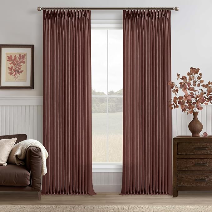 Chestnut Brown Thick Linen Pinch Pleated Curtains 96 Inch Length 2 Panels Set 8 ft Rust Brown Boho Country Light Filtering Pleat Curtain 50 Inch Wide Back Tab Window Drapes for Dining Room Bedroom