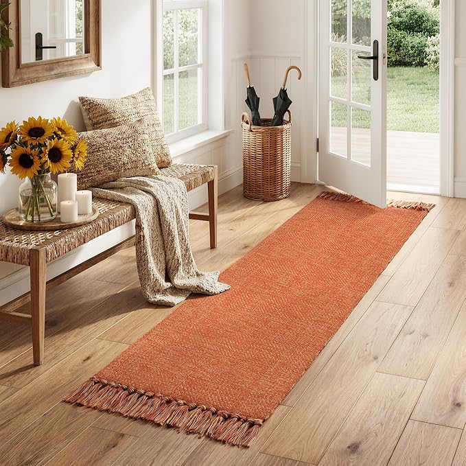 Collive Hallway Runner Rug, 2' x 6' Hand-Woven Reversible Washable Entryway Rugs, Terracotta Cotton Modern Farmhouse Laundry Room Carpet for Bathroom Sink Foyer Bedroom Fall Decor