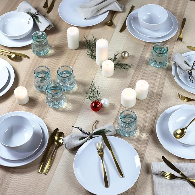 Euro Ceramica Bianco & Bara 24 Piece Dinnerware Set (Combination Pack) Set Includes 6 Bara Recycled Glass 14oz Tumblers + Bianco 18 Pieces Dishware, Standard