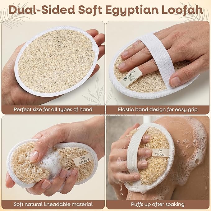 L'Exfose Organic Natural Loofah Body Scrubber for Shower – Dual Sided Egyptian Fiber Plastic Free Loofah – Quick Dry Natural Body Scrubber with Sisal Soap Saver Bag – Minimal Spa Gift for Men Women