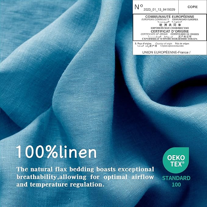 EVERLY Linen Sheets Set King Size,100% French Stonewash Pure Linen Bed Sheets,4Pieces (1Flat Sheet,1Fitted Sheet,2Pillowcase) Suitable for Hot Sleepers,Deep Pocket Natural Bedding Set-Blue