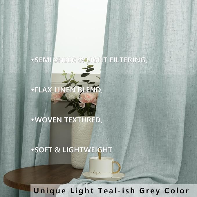 Short Curtains for Small Window Grommet Semi Blackout Sheer Cotton Textured Linen Half Curtains for Windows Bedroom Sea Green 54 Inch Length