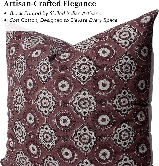 Handmade Block Print 100% Thick Cotton 20 x 20 inch Throw Pillow Cushion Cover with Zipper - Pillowcase for Bedroom, livingroom, Couch, Sofa, Outdoor, Chair, Bed, Home Décor-Uma (Teracotta Pink)