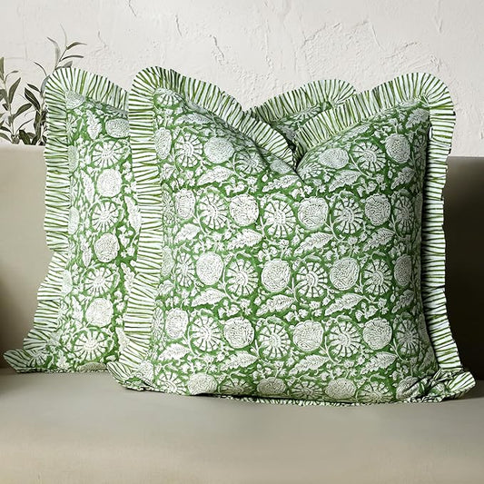 CPC Olive Bloom Hand Block Print 100% Cotton Ruffle Throw Pillow Cover 24x24 inch with Hidden Zipper Decorative for Couch, Bed, Sofa, Farmhouse, Cottagecore Decor Gift Christmas Fall Thanksgiving