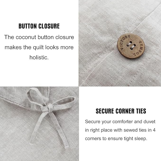 S VICTORY SYMBOL 100% Organic Linen Duvet Cover Set 3pcs Queen Size,Natural French Washed Flax Bedding (1 Duvet Cover and 2 Pillowcases) with Coconut Button Closure,Natural Linen