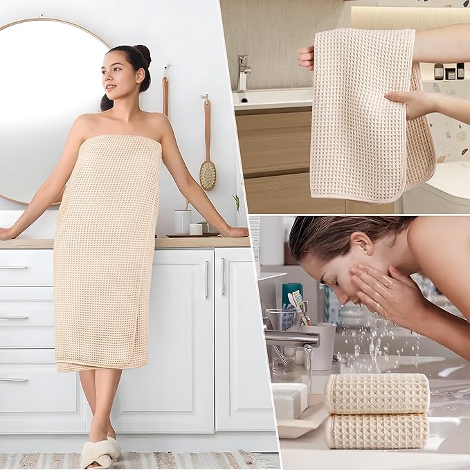 POLYTE 430 GSM Microfiber Quick Dry Lint Free Oversize Bath Towel Set, 6 Piece (Waffle Weave)