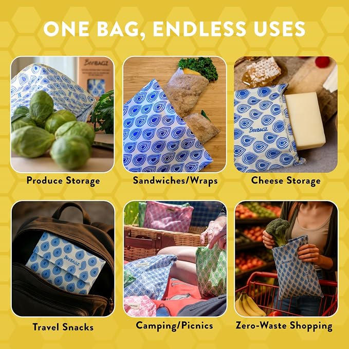 BeeBAGZ - Beeswax Wrap Storage Bag, Reusable Food Storage Bags, Pack of 3, Plastic Free Biodegradable Food Wrap Alternative, Starter Pack, 1 Small + 1 Medium + 1 Large, (Multicolors)