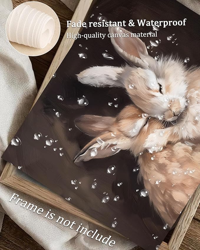 Vodefoad Hugging Rabbit Retro Vintage Canvas Wall Art Cute Rabbits Wall Art Oil Painting | Rabbit Friends | Antique Vintage Print | Bunny Poster | Nursery Decor - 8x10Inch Unframe