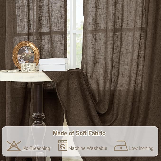LAMIT 36 Inch Length Linen Curtains for Small Windows, Semi Sheer Light Filtering Panels Back Tab and Rod Pocket Neutral Drapes for Basement/Window/Loft Room, Dark Brown, 2 Panels, 34 x 36 Inch