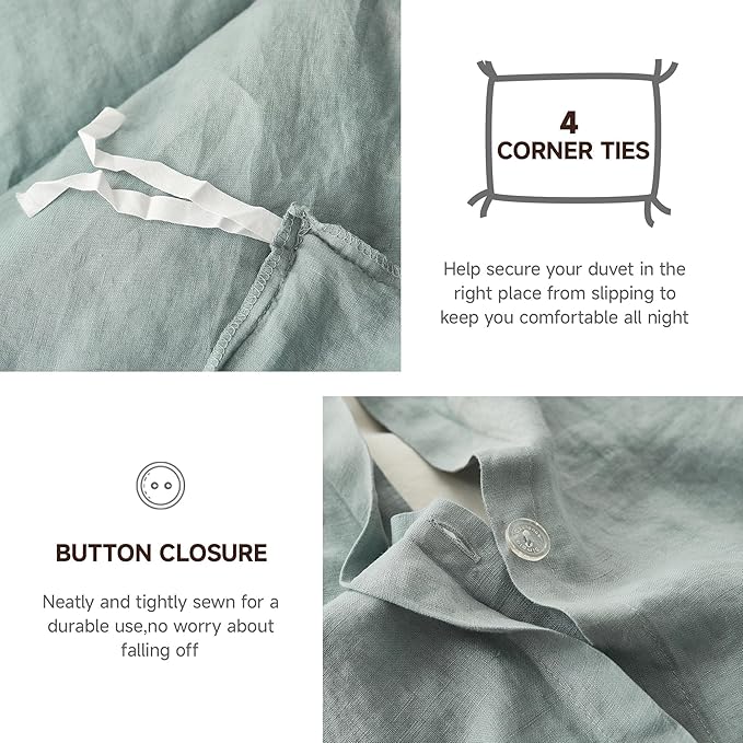 100% Linen Duvet Cover Set, 3 PCS Natural French Flax Dusty Blue Duvet Cover Queen Size, Breathable Soft Comfy Linen Bedding Comforter Cover with 2 Pillowcases(Dusty Blue, 88" x 92")