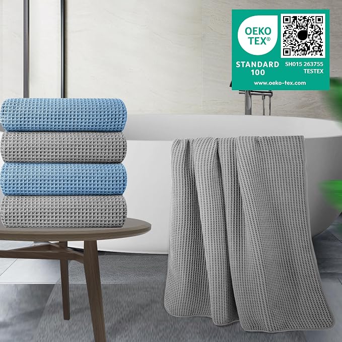 POLYTE 430 GSM Polyester Polyamide Microfiber Oversize Quick Dry Lint Free Bath Towel, 60 x 30 in, 4 Pack (Waffle Weave)