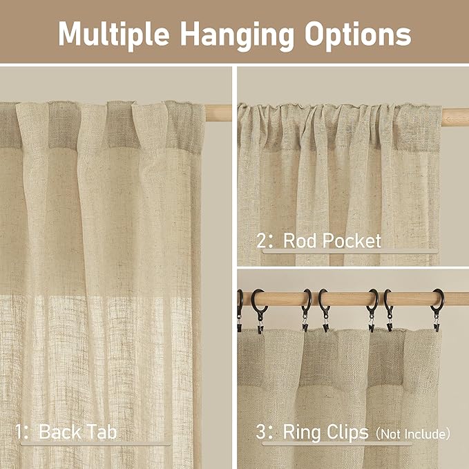 LAMIT Natural Sheer Linen Curtains for Bedroom, Faux Linen Textured Light Filtering Drapes Back Tab and Rod Pocket Boho Neutral Burlap Panels for Farmhouse/Living Room, 2 Panels, 52 x 72 Inch
