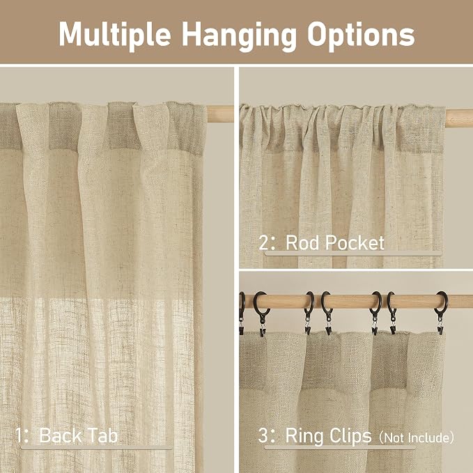 LAMIT Linen Semi Sheer Curtains 40 Inch for Kitchen Window Over Sink, Light Filtering Panels Farmhouse Boho Back Tab and Rod Pocket Drapes for Cafe, Linen, 2 Panels, 52 x 40 Inch