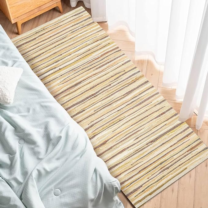 Cotton Hand Woven Chindi Runner Rug 2x6 Feet - Beige, Lightweight Decorative Soft Throw Indoor Floor Rag Rugs Ideal for Hallways, Kitchen, Bedroom | Linen Soft Braided Textured Carpet for Office Décor