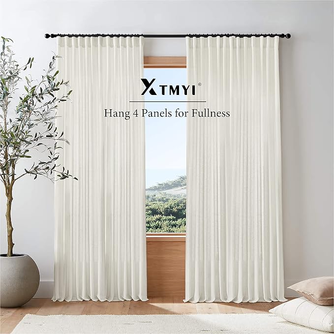 XTMYI 108 Inch Linen Curtains, Extra Long Ceiling Curtain for Track System with Hooks, Sheer Light Filitering 9FT 9 FT Curtains for Living Room Bedroom, Set of 2 Panel, Cream