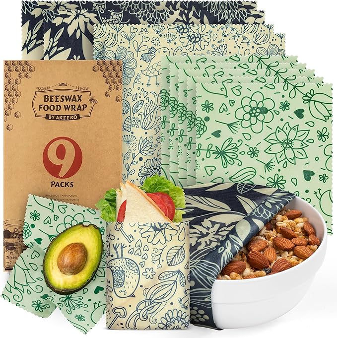 Akeeko Reusable Beeswax Food Wraps - Assorted 9 Packs, Reusable, Plastic-Free Food Storage, 5 Small, 2 Medium, 1 Large, 1 Extra Large Wraps with Flower and Birds Pattern