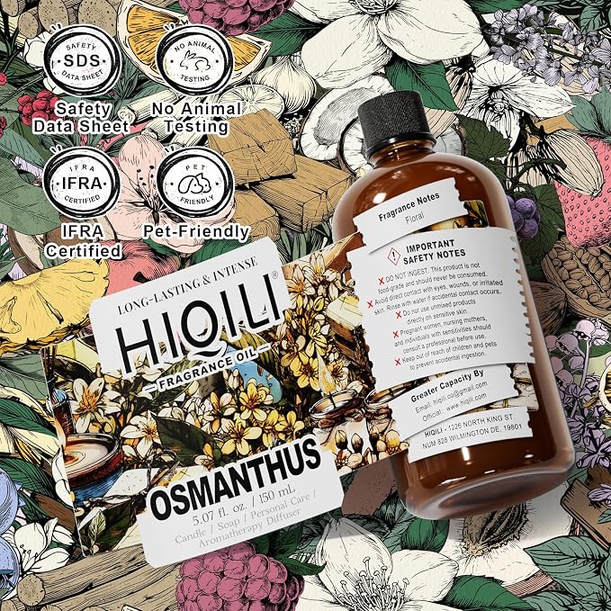 HIQILI Osmanthus Fragrance Oil for Diffuser, DIY Women Perfume - 5.07 Fl Oz | Long-Lasting Scent for Body Spray, DIY Candle & Soap, Pet Safe, Graduated Dropper Included