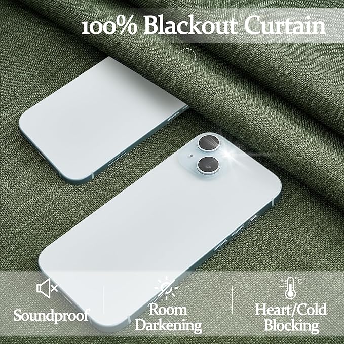 Memory Trained Dark Green Curtains for Sliding Glass Door 105 Inches Extra Long, Pleated Blackout Dual Layer Linen Blend Noise Blocking Insulated Elegant Windows Drapes 2 Panels Set with Hooks & Rings