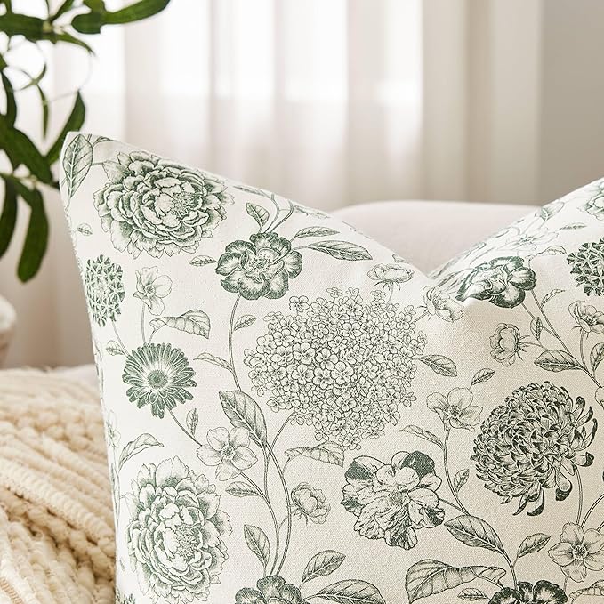 100% Cotton Botanical Throw Pillow Covers Set of 2, 20x20 Inch Olive, Farmhouse Double-Sided Floral Print Decorative Cushion Covers Pillow Cases Boho Home Decor