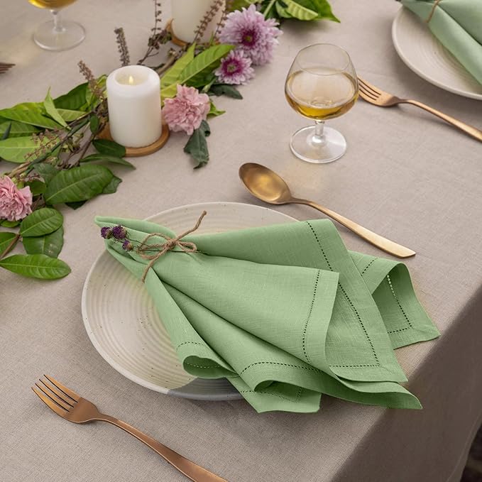 Signature Linen™ by D'Moksha Sage Green Dinner Napkins Set of 4, 20 x 20 Inch Cloth Napkins, 100% Pure Linen, Hemstitch, Machine Washable Table Napkins- Summer, Father's Day