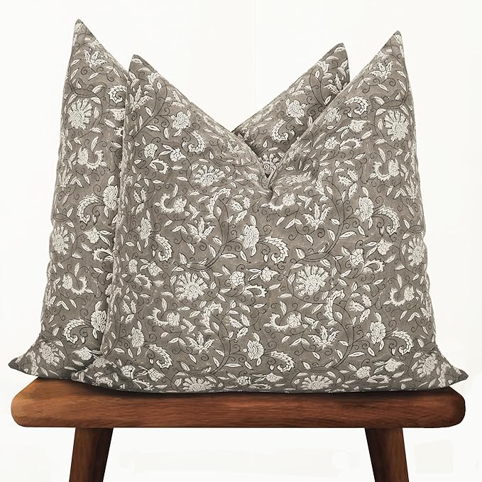 Hand-Block Printed, Artisan-Made Neutral Accent Throw Pillow Covers- 100% Cotton Cushion for Sofa, Bed, Chair, Home Decor, Boho, Indoor - Lina (New Greige, 20" x 20" (Pack of 2))