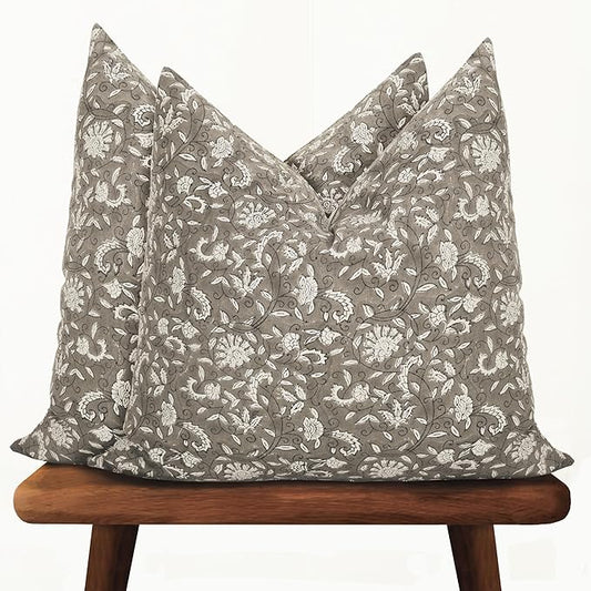 Hand-Block Printed, Artisan-Made Neutral Accent Throw Pillow Covers- 100% Cotton Cushion for Sofa, Bed, Chair, Home Decor, Boho, Indoor - Lina (New Greige, 20" x 20" (Pack of 2))