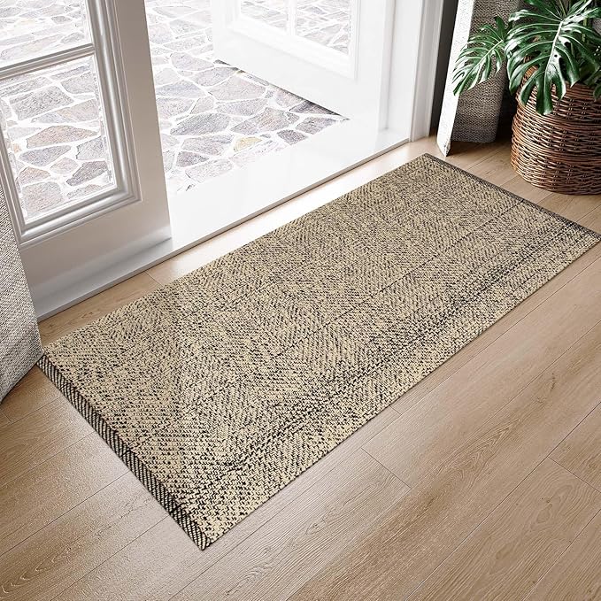LEEVAN Washable Kitchen Rug 2' x 4.3', Natural Bathroom Runner Rug, Reversible Small Hallyway Rug, Farmhouse Low Profile Front Door Mat, Modern Bedroom Carpet for Foyer Laundry/Proch Decor