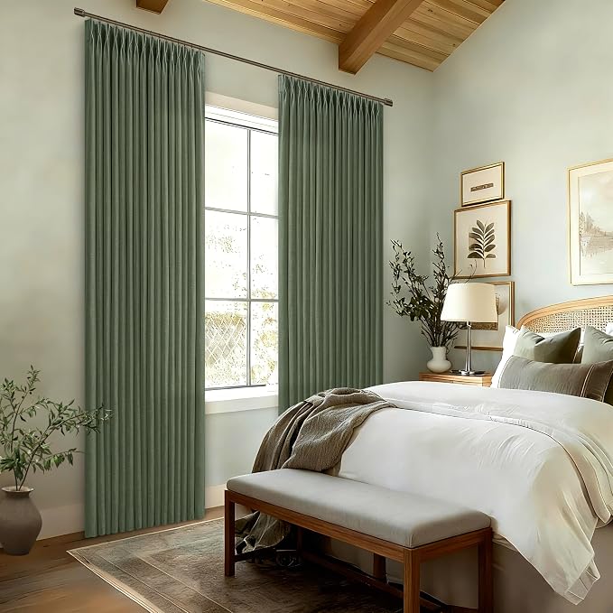 80 Inch Pinch Pleated Linen Curtains 2 Panels for Living Room Bedroom Boho Farmhouse Olive Green Semi Sheer Back Tab Pinch Pleat Hooks Rings Viral Dark Green Loden Window Curtain 50 by 80 Length