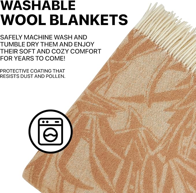 | Wool Blanket/Throw | 100% New Zealand Wool | Perfect for Home and Outdoors | Virgin Wool Blanket with Fringes 55"x79" (140 x 200 cm) (Coffee Leaves)