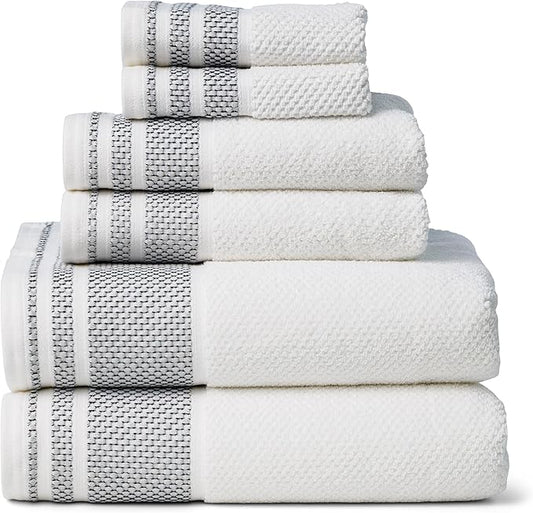 Texere 100% Organic Cotton Rice Weave Jacquard 700 GSM Luxury Bath Towel Sets - 2 Large Bath Towels, 2 Hand Towels, 2 Washcloths (Rice Weave, BRT Wht w/Blk, 6 Piece)
