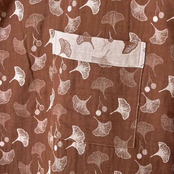 100% Cotton Gauze Ginkgo Leaf Kimono Robe, Long Knit Loose Bathrobe Nightgown Ladies Loungewear Sleepwear for Women