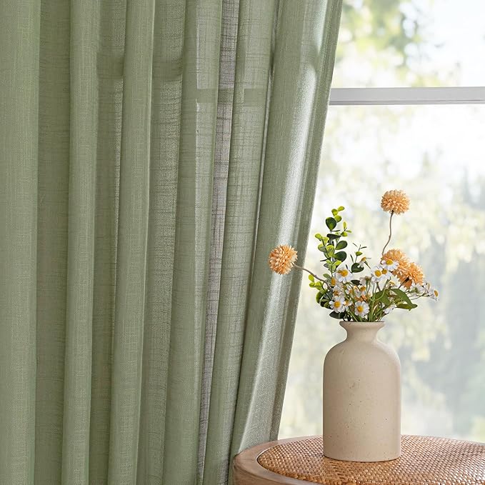 MYSKY HOME Sage Green Curtains 96 Inches Long for Living Room Sliding Glass Door Semi Sheer Drapes Light Filtering Window Treatments Soft Farmhouse Style Privacy Protect Back Tab, 50" x 96", 2 Panels