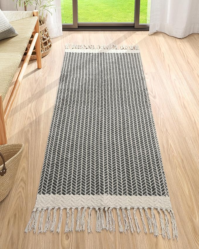 Lahome Belle Boho Bathroom Runner Rug, 2x5 Laundry Room Washable Rugs for Entryway Cotton Grey Area Mat with Tassels, Farmhouse Throw Mats Non Shedding Carpet Runner for Hallway Door