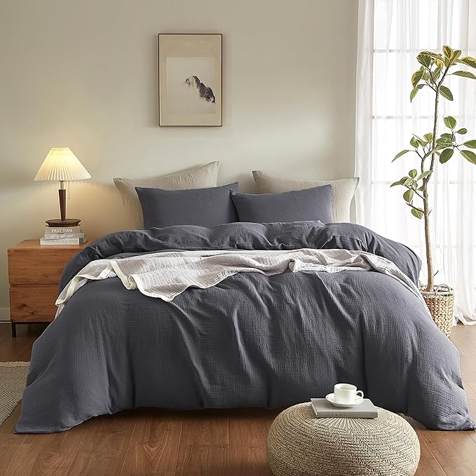 SE SOFTEXLY Muslin Duvet Cover California King Size, 100% Washed Cotton Duvet Cover Set, Ultra Soft Comforter Cover Linen Like, 3 Pieces Gauze Duvet Cover with 2 Pillowcases, 98"x104", Dark Grey