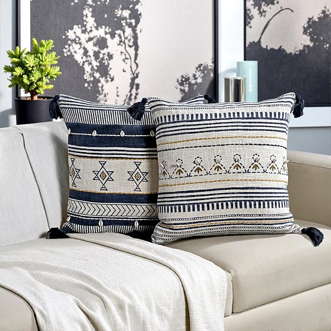 Ridhi Block Print Off White Navy Gold Cotton Handmade TNT Cushion Cover 18x18 Inch Accent Decorative Throw Pillow Cover for Sofa, Living Room, Bedroom Decor, Soft, Cushion Case for Spring, Summer