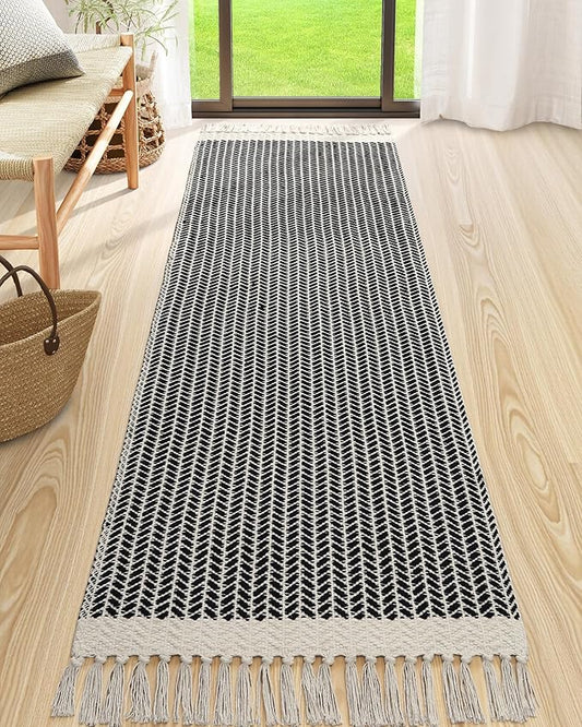 Lahome Belle Boho Kitchen Runner, 2'6''x8 Runners for Hallways Lightweight Bath Mat Woven Washable Runner Rug with Tassels, Farmhouse Non Shedding Black Rug for Bedroom Living Room