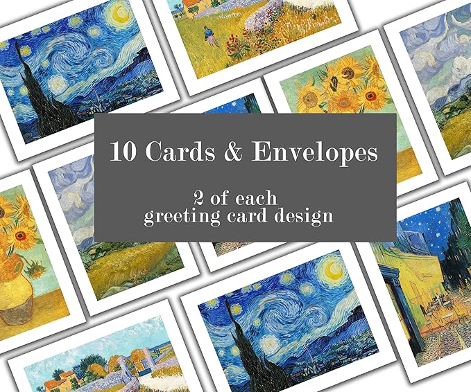 Van Gogh Greeting Cards - Set of 10 All Occasion 5x7 Note Cards with Envelopes. Blank Inside. Assorted Famous Works of Vincent Van Gogh