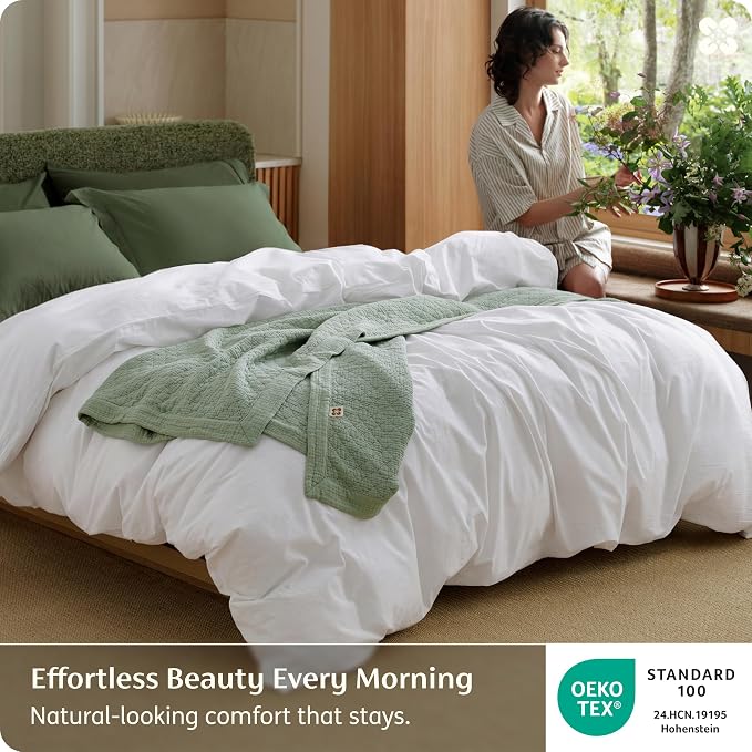 Bedsure Duvet Cover Queen Size - 100% Washed Cotton, Linen-Like Minimalist Bedding - PureWoven Plain Soft Comforter Cover for All Seasons, 1 Duvet Cover Only (Bright White, 90" x 90")