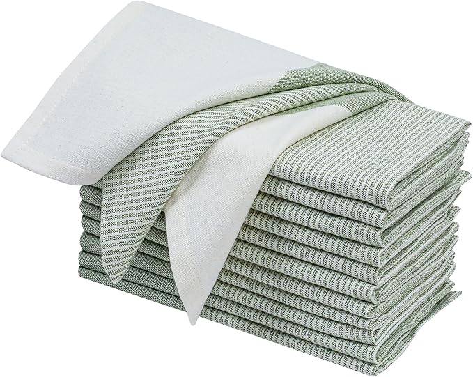 Ramanta Home Cloth Napkins Set of 12 18x18 Inches - Spring Basket Decor Block Striped Dinner Napkins for Easter Farmhouse Wedding, Washable Soft Cotton Durable Table Linen for Everyday Use - Green