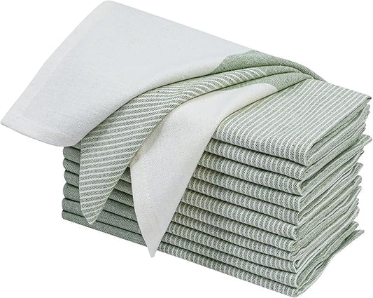 Ramanta Home Cloth Napkins Set of 12 18x18 Inches - Spring Basket Decor Block Striped Dinner Napkins for Easter Farmhouse Wedding, Washable Soft Cotton Durable Table Linen for Everyday Use - Green