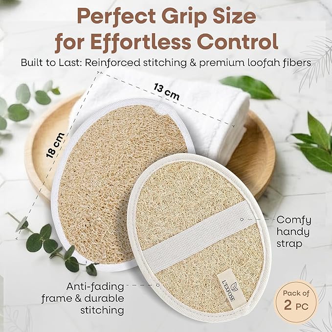 L'Exfose Organic Natural Loofah Body Scrubber for Shower – Dual Sided Egyptian Fiber Plastic Free Loofah – Quick Dry Natural Body Scrubber with Sisal Soap Saver Bag – Minimal Spa Gift for Men Women