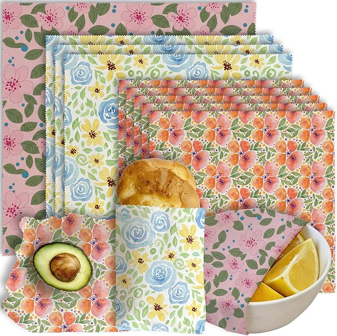 Reusable Beeswax Wraps, 9 Pack, Sandwich Snack Bowl Bread Cover, Organic Sustainable Zero Waste Plastic-Free Food Storage, 1XL 3M 5S, Watercolor Floral Patterns