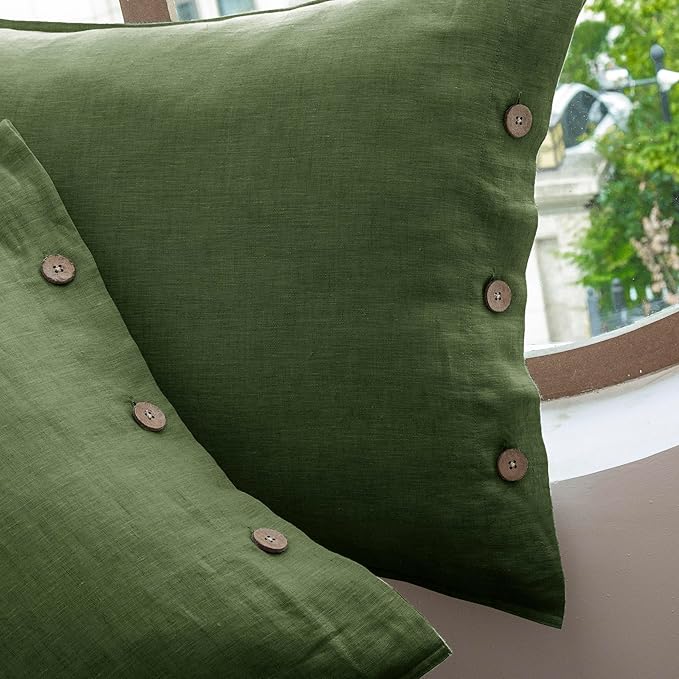 EVERLY 100% Linen Pillowcases Set of 2, French Linen from Normandy, 20X30Inch Standard Size, Natural Color, Coconut Buttons Closure, Flax Pillowshams-Pillowcase-Mossy Green