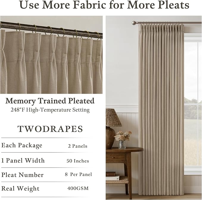 Camel Tan Pinch Pleated Linen Curtains 105 Inch Length for Living Dining Room Neutral Country Memory Training Light Filtering Back Tab Pleat Curtain Light Brown Window Drapes for Sliding Door 2 Panels